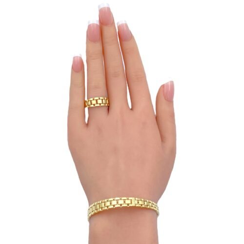 انسيال ذهب وخاتم عيار 18 وزن 14.43 جم مستوحى من رولكس لحضور فخم